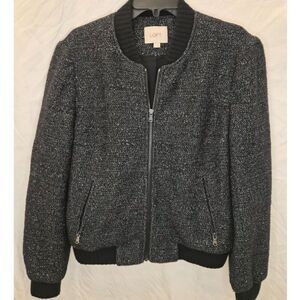 LOFT Marled Knit Bomber Jacket,Textured Zip-Up, Minimal Chic, Size L